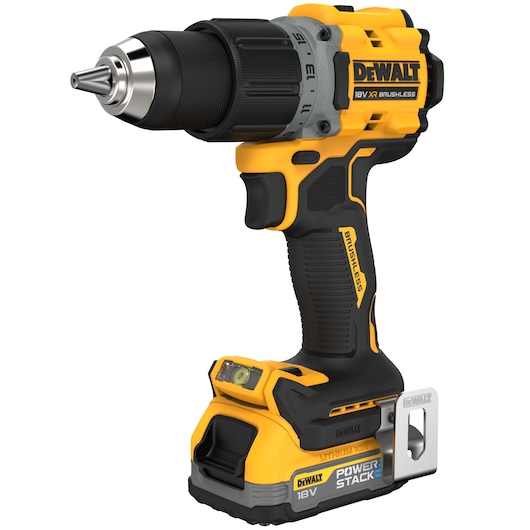 DEWALT 18V XR brushless cordless drill with ergonomic handle and Powerstack lithium-ion battery.