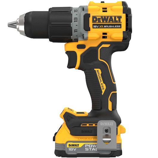 DEWALT 18V XR brushless cordless drill with lithium-ion battery and ergonomic handle.