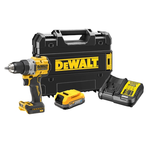 DEWALT cordless drill kit including a yellow and black drill, a battery, a charger, and a hard carrying case with the DEWALT logo.