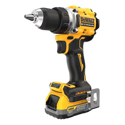 DEWALT 18V cordless brushless drill with POWERSTACK battery, shown in yellow and black.