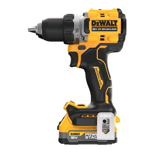 DEWALT 18V cordless brushless drill with ergonomic grip and yellow, black design, model DCD800E2T.