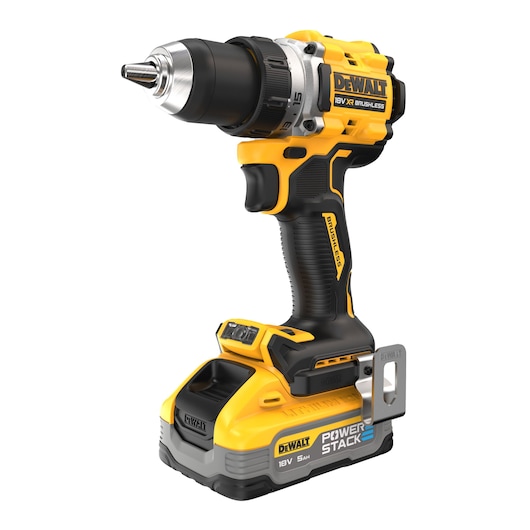 DEWALT yellow cordless drill DCD800H2T with 18V Power Stack battery, black grip, shown on white background.