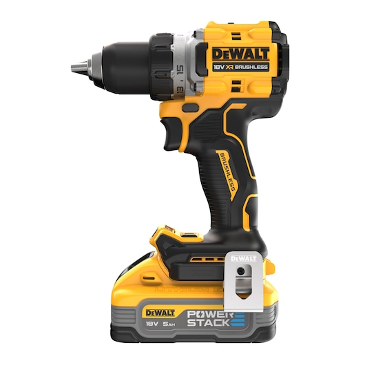 DEWALT 18V brushless cordless drill with Powerstack battery, shown upright on a white background.