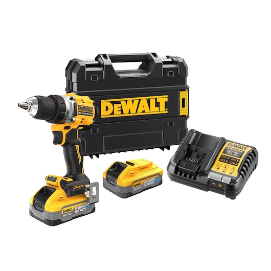 DEWALT drill kit with carry case, two batteries, and charger shown.
