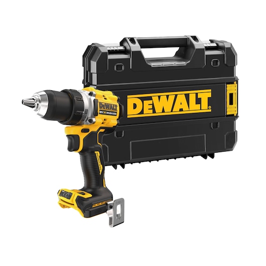 Cordless DEWALT drill with a black and yellow hard case displayed behind it.