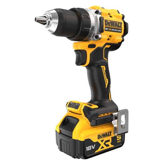 Cordless DEWALT 18V XR brushless drill with black and yellow body and 5Ah battery pack.