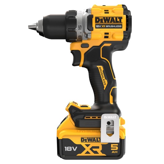 DEWALT 18V XR brushless cordless drill with 5Ah battery, shown upright with yellow and black design.