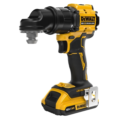 A DEWALT 18V XR brushless cordless drill with a right angle attachment, shown in yellow and black with ergonomic handle and battery pack.