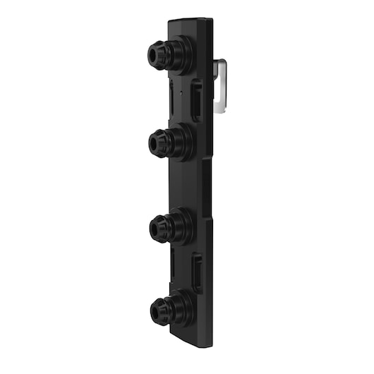 Side view of a black plastic tool accessory with four cylindrical connectors arranged vertically and a metal clip attached to the side.