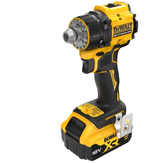 A DEWALT 18V XR brushless cordless drill driver with a yellow and black design, featuring a compact body, ergonomic handle, and attached battery pack.
