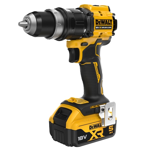 A DEWALT 18V XR cordless brushless drill with a black and yellow design, ergonomic grip, and a 5.0 Ah battery pack attached. The model is DCD803P2T.