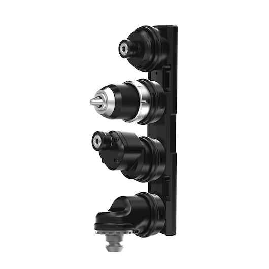 A side view of four DEWALT drill attachments mounted vertically on a black holder, featuring various tool heads designed for different drilling and driving tasks.