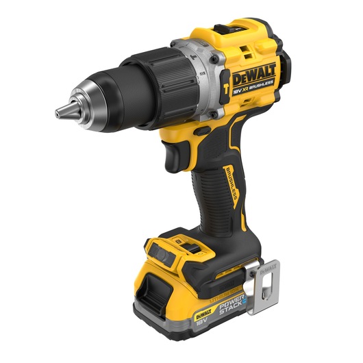 A DEWALT 18V XR brushless cordless drill with a Powerstack battery, featuring a yellow and black design.