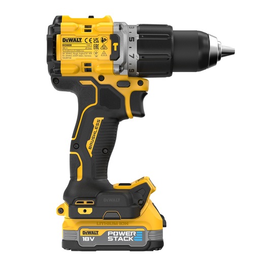 A DEWALT 18V cordless brushless drill with Powerstack lithium-ion battery, shown in yellow and black colors, standing upright against a white background.