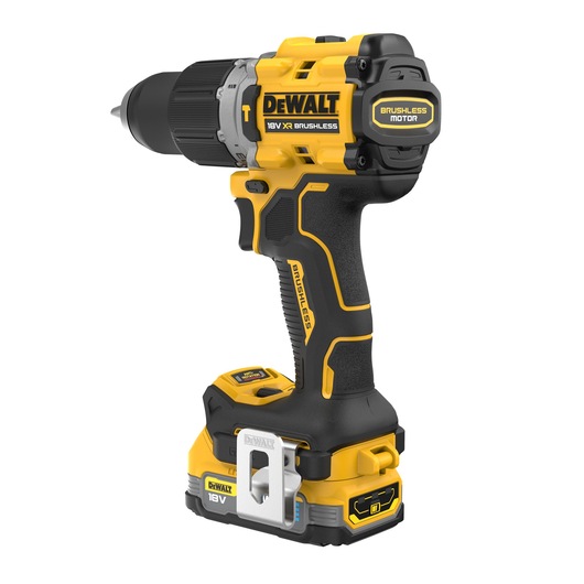 A DEWALT 18V XR brushless cordless drill with a yellow and black design, featuring a brushless motor, ergonomic grip, and battery attached at the base.