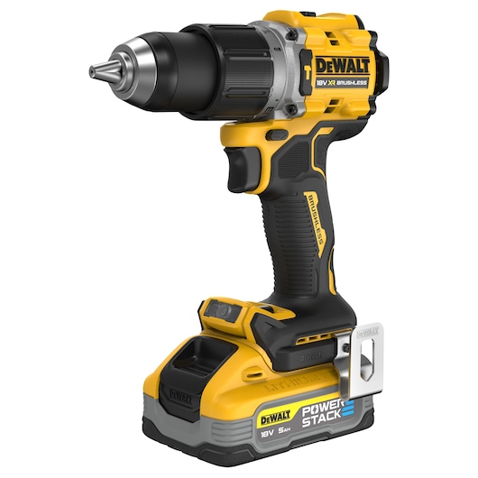 DEWALT 18V XR brushless cordless drill with Powerstack battery shown standing upright.