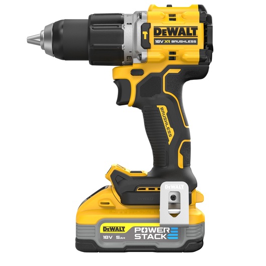 DEWALT 18V XR brushless cordless drill with POWERSTACK battery, yellow and black, side view.