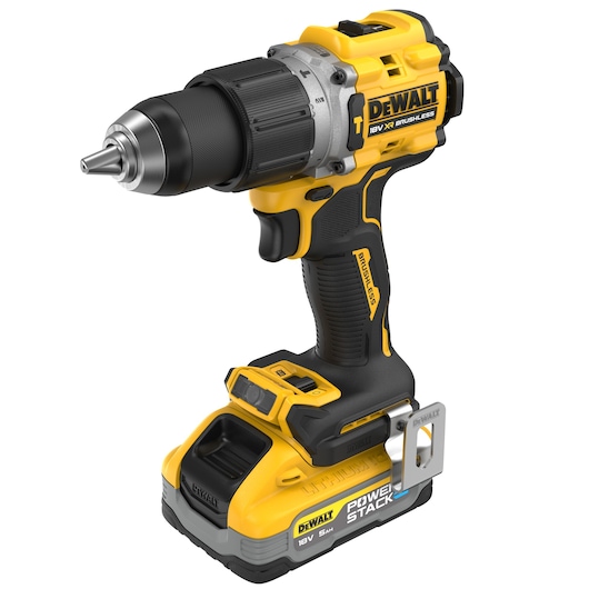DEWALT cordless drill DCD805H2T with brushless motor and 18V POWERSTACK battery, shown in close-up.