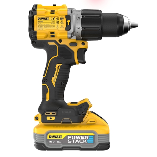 DEWALT cordless drill with brushless motor and POWERSTACK 18V 5Ah battery, yellow and black design.
