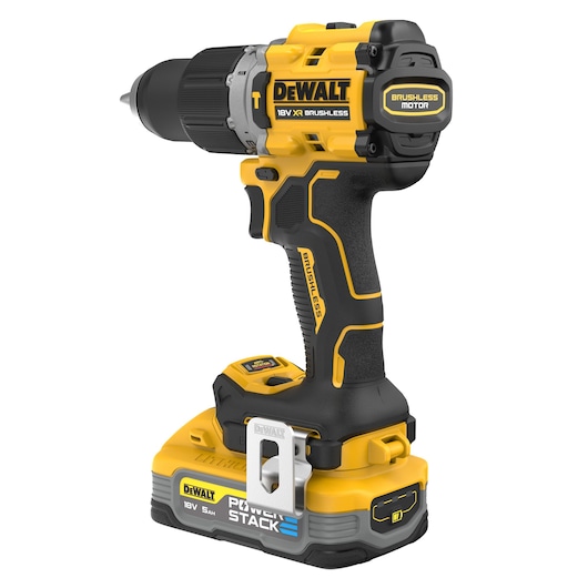 DEWALT 18V cordless drill with brushless motor and Power Stack battery, shown in a yellow and black design.