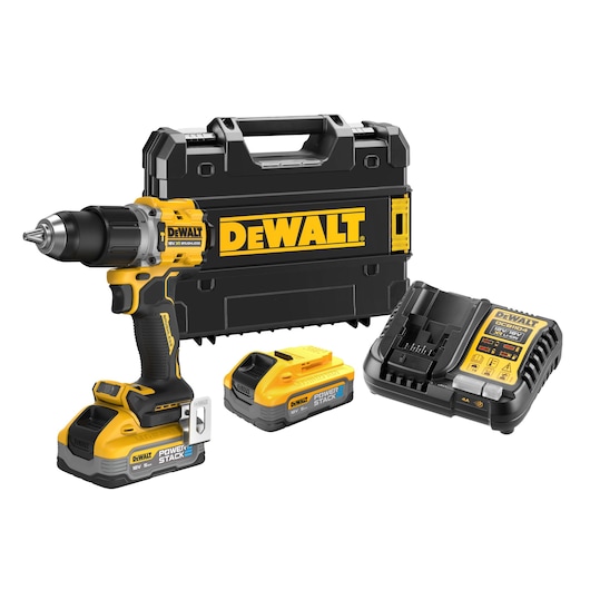 DEWALT drill kit with power tool, batteries, charger, and hard case displayed on a white background.