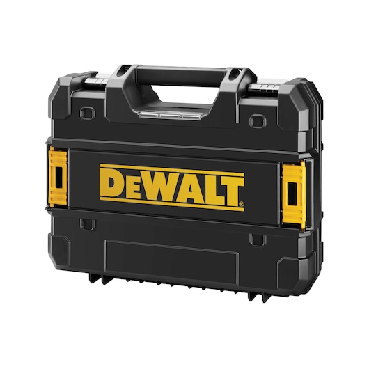 Black DEWALT hard tool case with handle and yellow side latches, suitable for carrying and protecting tools.
