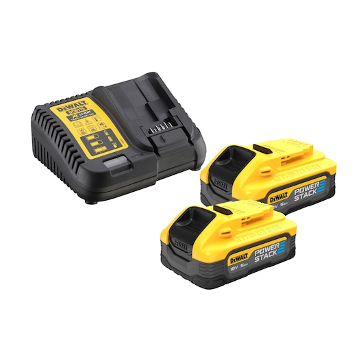 DEWALT battery charger with two yellow 18V POWERSTACK batteries, used for cordless power tools.