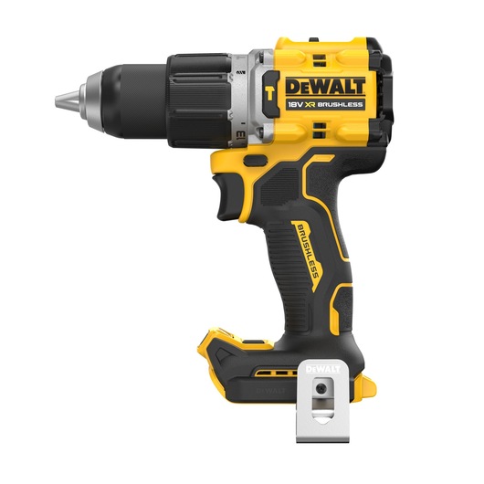 A DEWALT 18V XR Brushless cordless drill driver, shown in black and yellow with a metal clip on the base and ergonomic handle, photographed against a white background.