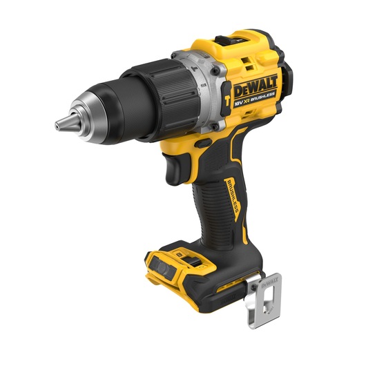 A DEWALT 18V XR brushless cordless drill driver, shown without a battery, featuring a yellow and black color scheme and a metal belt clip.