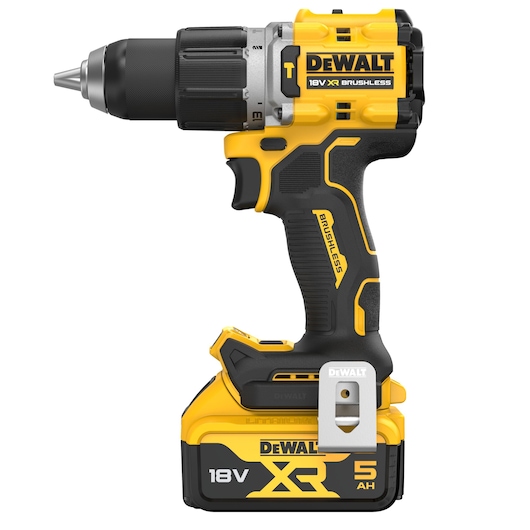 DEWALT 18V XR brushless cordless drill driver with a 5Ah battery, featuring a black and yellow design and ergonomic handle.