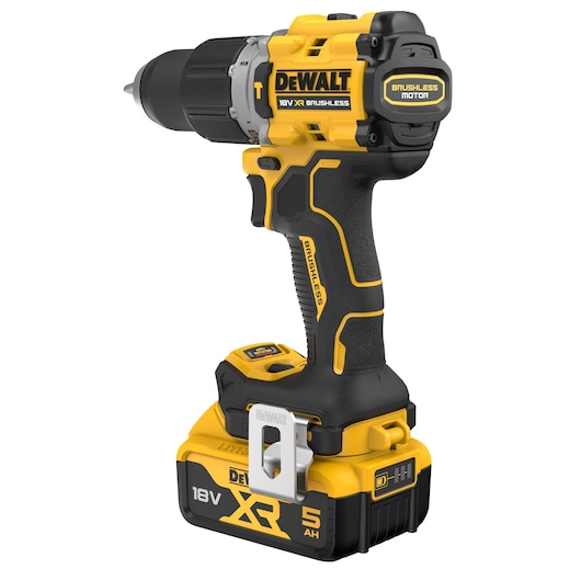 A DEWALT 18V XR brushless cordless drill with a 5Ah battery, featuring yellow and black colors. The drill has ergonomic handles and a metal belt clip.