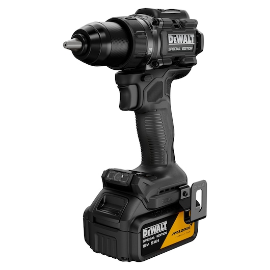 DEWALT Special Edition cordless drill with McLaren branding, black and yellow design, 18V battery.