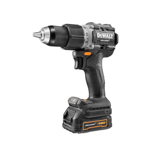 A DEWALT cordless electric drill with a black and silver design, featuring branding from both DEWALT and McLaren. The drill is shown upright on a white background.