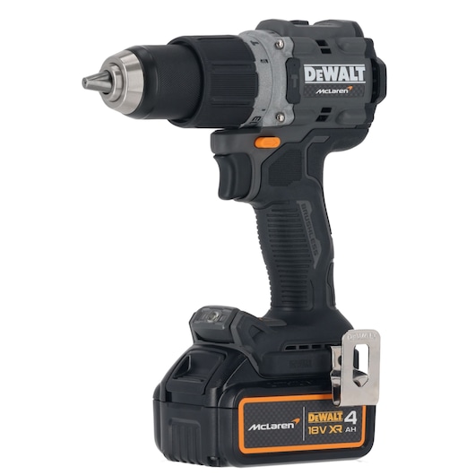 DEWALT cordless drill with black and grey body, McLaren branding, and 18V XR lithium battery pack.