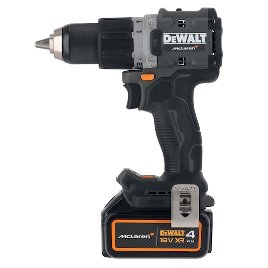 Cordless DEWALT 18V XR drill with McLaren branding and 4Ah battery, shown from the side on a white background.