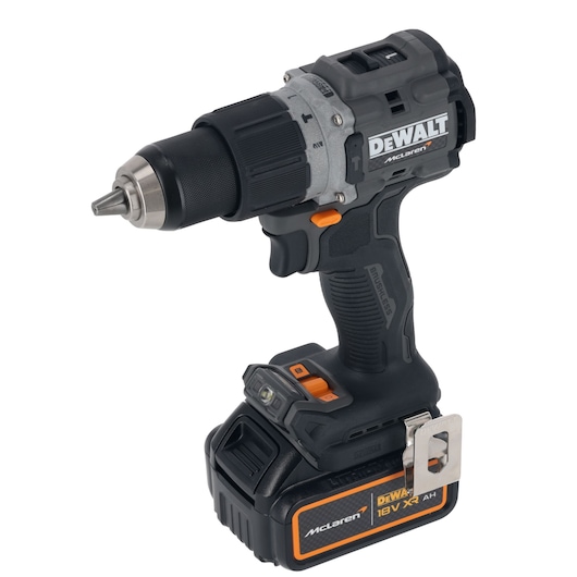 DEWALT cordless drill with McLaren branding, 18V XR battery, black and orange design, side view.