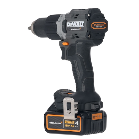DEWALT DCD85MM1T cordless drill with brushless motor and 18V XR battery, black and orange accents.