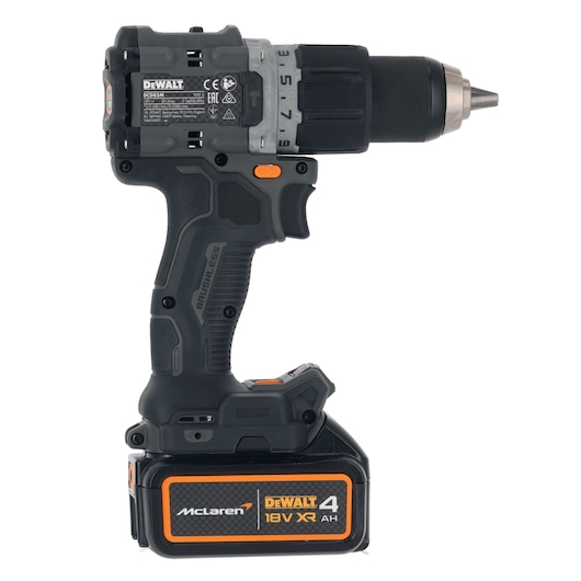 DEWALT cordless drill with 18V XR 4Ah battery, black and orange, brushless, side view.