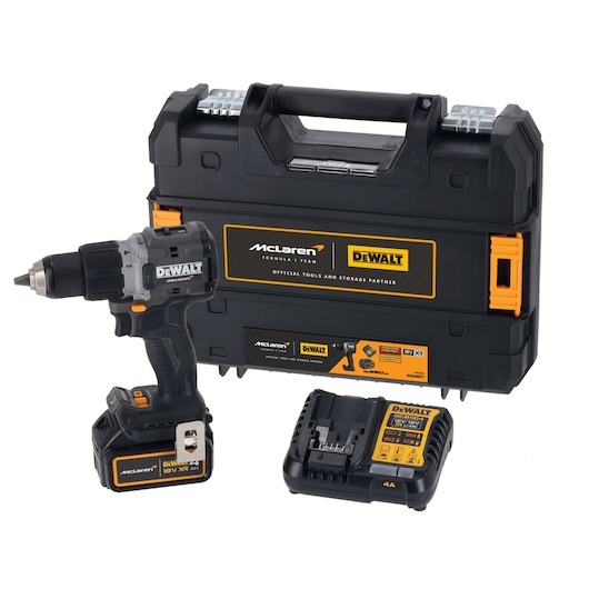 DEWALT cordless drill kit with battery, charger, and black carrying case featuring McLaren branding.
