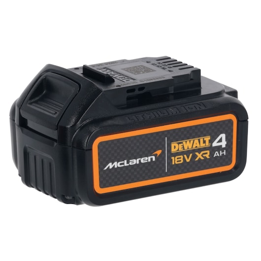 DEWALT 18V XR 4Ah Li-Ion battery with McLaren branding, black casing, side orange trim.