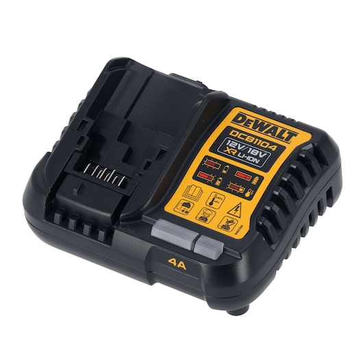 Black DEWALT battery charger DCB1104 for 12V/18V XR Li-Ion batteries with yellow label and port.