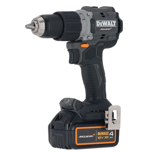 DEWALT cordless drill with McLaren branding and 18V XR battery, shown in a side profile view.