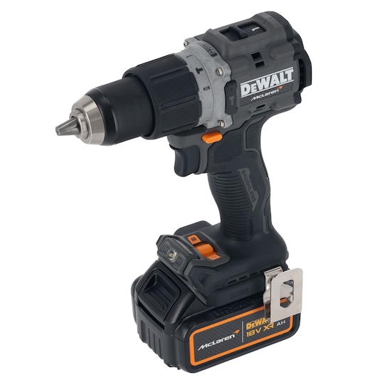 DEWALT cordless drill, black and orange, with McLaren branding and 18V battery, angled side view.