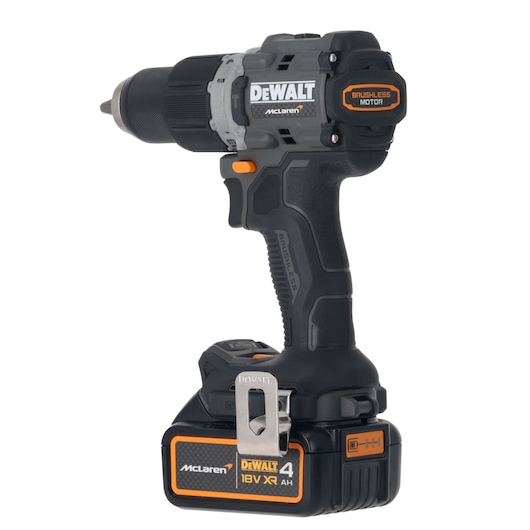 DEWALT cordless drill with brushless motor, black and orange, 18V XR battery, McLaren co-branded.