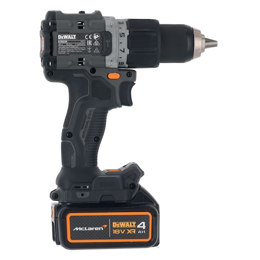 DEWALT cordless drill with 18V XR 4Ah battery and McLaren branding, shown from the side.