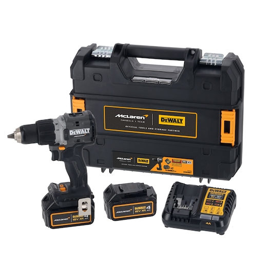 DEWALT cordless drill kit with hard case, two batteries, and charger, branded with McLaren and DEWALT logos.