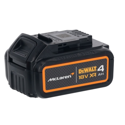 DEWALT 18V XR 4Ah lithium-ion battery with McLaren branding, shown in a close-up angled view.