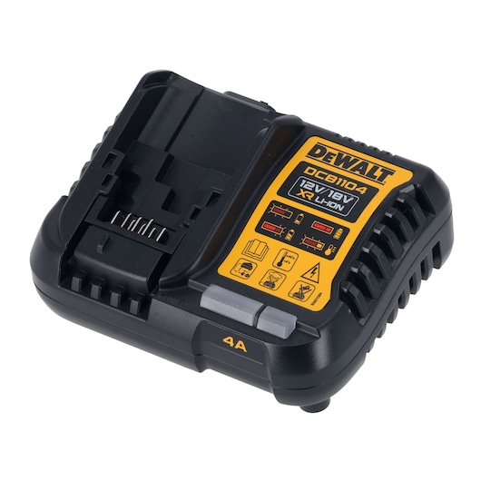 DEWALT DCB1104 battery charger for 12V-18V XR Li-Ion batteries, black and yellow with indicator icons.
