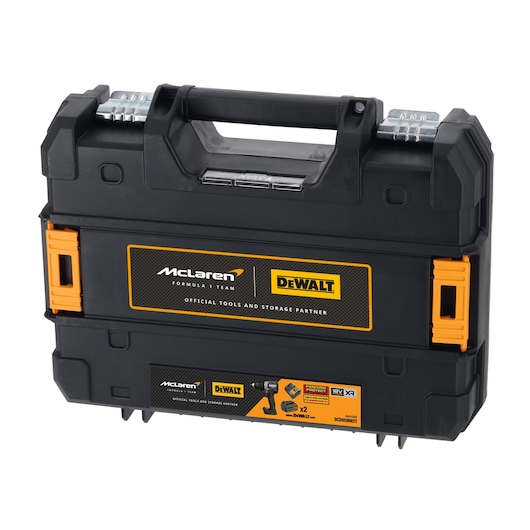 Black DEWALT tool case with McLaren branding and orange accents, suitable for storage and transport.