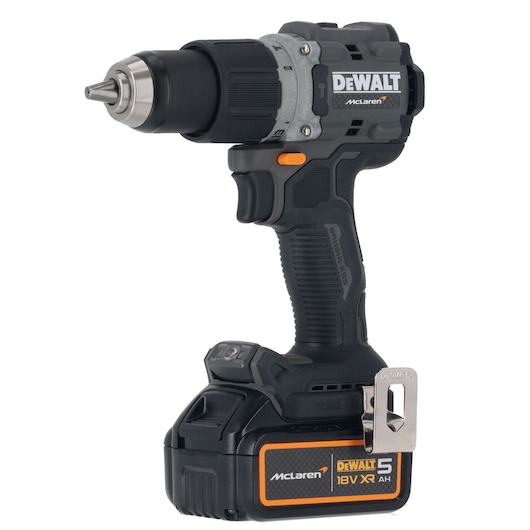 DEWALT cordless drill with 18V battery, black and orange, McLaren branding visible on body and battery.